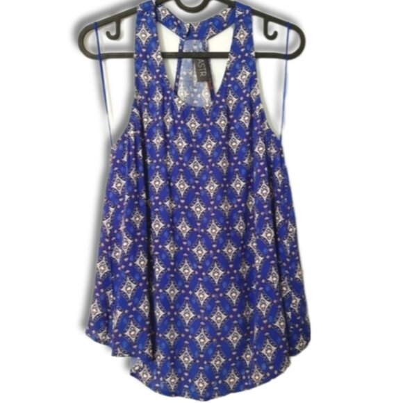 ASTR Anthropologie Split Back Scoop Neck Blue Patterned Tank Top Sz XS - Picture 2 of 12